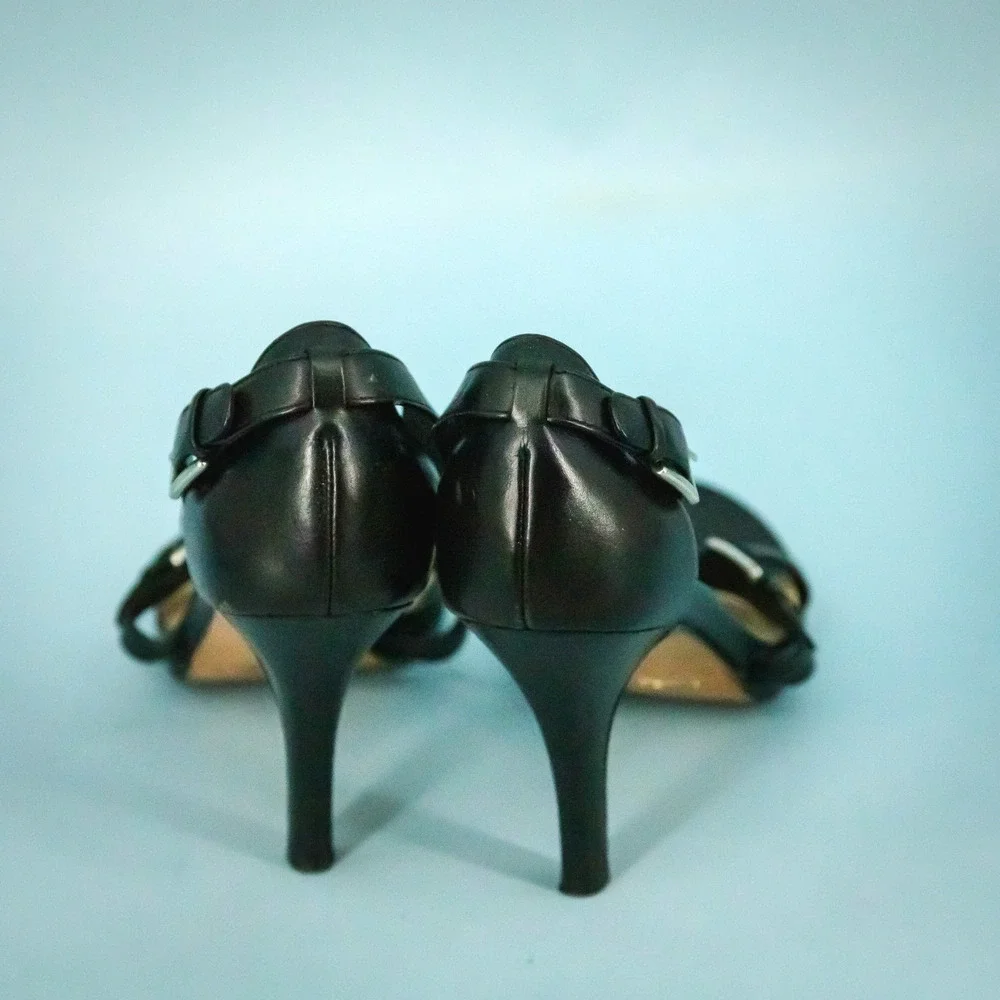 Cole Haan Size 8 Carma Black Leather Strappy Slip On High Heel Pumps Sandals
